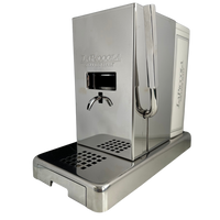 Stainless steel coffee machine with visible brand name on a white background