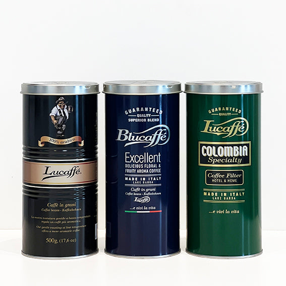 Lucaffe 500gr tins of coffee beans Colombia specialty Blucaffe Mr Exclusive