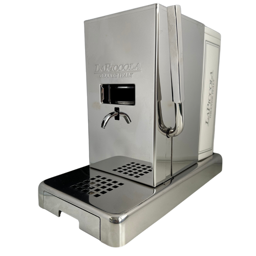 Stainless steel coffee machine with visible brand name on a white background