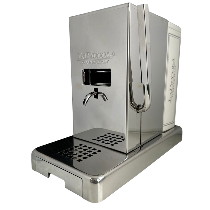 Stainless steel coffee machine with visible brand name on a white background